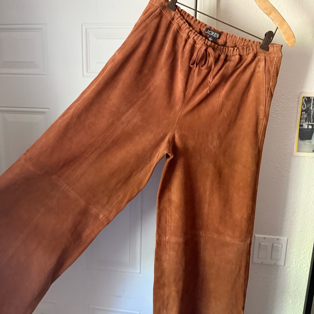 J. CREW brown suede elastic waist wide straight leg cropped pants - Picture 3 of 6